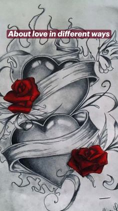 a drawing of two hearts with roses on the side and an arrow in the middle