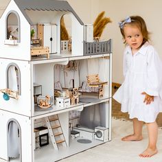 Handcrafted White Dollhouse With Swing and Balcony Personalizable Playhouse for Endless Imagination - Etsy Bunk Bed Shelf, Kids Room Accessories, Towel Ladder, Toy Shelves, Bed Shelves, Media Furniture, How To Dress A Bed, Holiday Mood, Dollhouse Kits