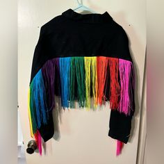 Club Exx Rainbow Fringe Jacket Edgy Multicolor Spring Outerwear, Casual Multicolor Fringe Outerwear, Casual Multicolor Fringed Outerwear, Edgy Multicolor Outerwear For Fall, Club Tops, Fringe Jacket, This Moment, Denim Jacket, In This Moment