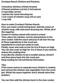 the recipe for crockpot ranch chicken and potatoes is shown in black font on a white background