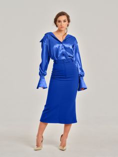 Evening Midi Skirt In Elastane, Elegant Blue Midi-length Bottoms, Elegant Blue Pencil Skirt For Party, Elegant Blue Midi Length Bottoms, Elegant Blue Midi Bottoms, Party Midi Length Elastane Skirt, Elegant High Waist Elastane Pencil Skirt, Elegant High-waist Elastane Pencil Skirt, High Waist Elastane Pencil Skirt