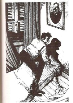 a black and white drawing of two people on a bed in a room with curtains