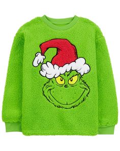 He'll love this festive Grinch pullover to wear on chilly days, designed in fuzzy sherpa with a classic print. Grinch Christmas Sweater, Ugly Sweater Diy, Toddler Photoshoot, Fuzzy Pullover, Carter Kids, Costume Shirts, Fall Photoshoot, Shop Clothing, Ugly Sweater