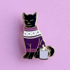 a black cat wearing a sweater and holding a coffee mug on a pink background with white stars