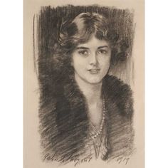 a pencil drawing of a woman with short hair and pearls on her necklace, wearing a fur coat