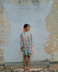 An oversized gathered dress with quarter length sleeves in madras checks with an embellished stitch of Kantha. Madras Aesthetic, Madras Checks, Content Aesthetic, Gathered Dress, Checkered Dress, Xl Dress, Outerwear Jackets, Bosnia And Herzegovina, Checks