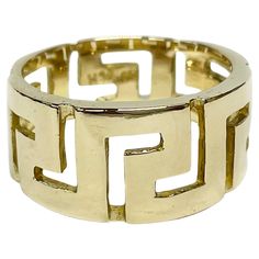 14 Karat Yellow Gold Greek Key Eternity Ring. This ring features a repeat pattern of Greek Keys cut away on the band. The tapered ring ranges in width from 10 to 7.5mm. The ring has an overall smooth shiny finish. Stamped on the inside of the band is H73 585. The ring size is 7 and the ring has a total gold weight of 5.88 grams. Repeat Pattern, Greek Key, Repeating Patterns, Eternity Ring, Band Rings, Jewelry Rings, Ring Size, Yellow Gold, Band