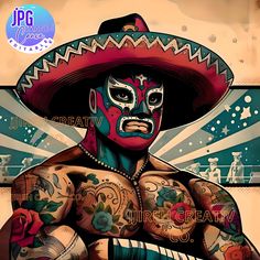 an image of a man with tattoos and a sombrero on his face wearing a mexican hat