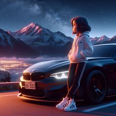 a woman standing next to a car in the middle of a road with mountains behind her