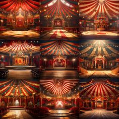 several circus tents with red and white striped walls