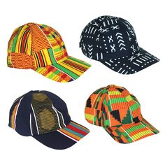 This set of 4 African Print Caps brings vibrant African culture and style to your everyday look. Each cap features a unique and colorful print, perfect for adding a bold statement to any outfit. Whether you're going for a casual day out or looking to accessorize your sporty attire, these caps provide the perfect blend of comfort and fashion. Features: 4 unique African print designs Velcro back adjuster for a customized fit Lightweight and breathable fabric Size: The back of the cap has a velcro African Print Designs, Traditional African Clothing, African Royalty, African Accessories, African Textiles, Beaded Crafts, African Prints, African Pattern, African Jewelry