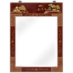 A scenery designed to fit the frame, this mirror is hand painted with gold highlighted Chinoiserie motif. Glossy red lacquer finish with matching brass hardware completes the overall look. Nicely suited to hang above a cabinet or chest. See our cabinet collection to find the perfect match for this mirror. Lacquer Mirror, Vertical Mirror, Lacquered Mirror, Chinoiserie Motifs, Chinoiserie Design, China Furniture, Red Lacquer, Gold Highlights, Desk Set