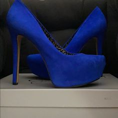 They’re A Nice Dark Blue Brand New With A Nice Design In The Inside Of Heels! Formal Blue Platform Heels, Blue Suede Open Toe Heels, Blue Platform Heels For Night Out, Bold Blue Heels For Party, Chic Royal Blue High Heels, Blue High Heel Platform Shoes, Blue Platform High Heels, Blue Heels With 4-inch Heel For Night Out, Blue Pointed Toe Heels For Night Out