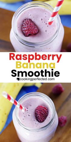 raspberry banana smoothie in a mason jar with two strawberries on top