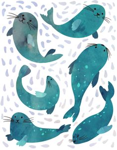 watercolor sea lions and sealions on a white background with blue spots, in the middle