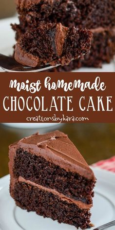 a piece of chocolate cake on a white plate with a fork in it and the words, most homemade chocolate cake