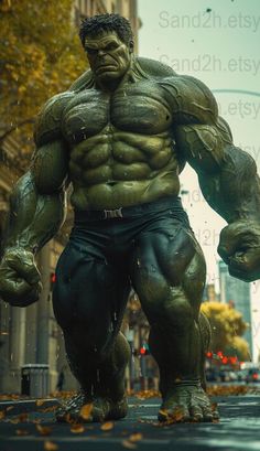 the incredible hulk statue is shown in front of a building