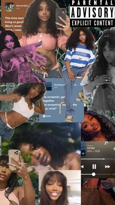 the collage shows many different women in their outfits and hair, with one woman holding a cell phone to her ear