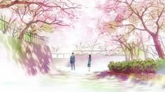 two people standing in front of trees with pink flowers