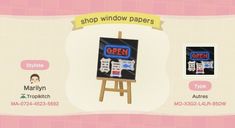 an animal crossing game with the open sign on it's easel and other items