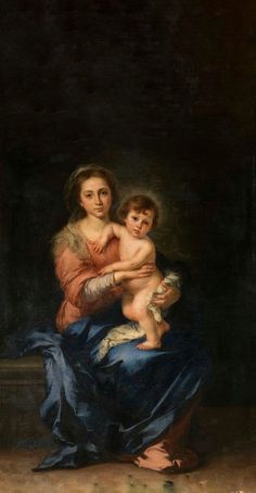 a painting of a woman holding a child in her lap and looking at the viewer