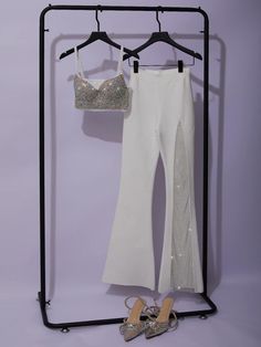 White Straight Pants For Evening, Trendy White Stretch Wide Leg Pants, White High Waist Wide Leg Pants For Evening, White High Waist Wide Leg Evening Pants, White Evening Bottoms For Summer, Trendy Stretch White Wide Leg Pants, White Summer Evening Bottoms, Glamorous White Pants For Night Out, White High-waisted Evening Pants