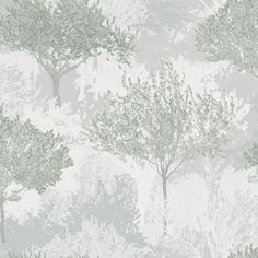 a wallpaper with trees on it in grey and light green colors, including the leaves