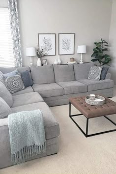 a living room with gray couches and white carpeted flooring in front of two windows