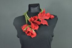 "Large red flowers necklace - lariat / wrap necklace. Unique felted necklace handcrafted using a delicate merino wool, shapes like a long light green stem with large red flowers at both ends. You can wrap it around your neck several times or wrap it once and let it fall free until your waist. Perfect for special occasions, when you want to stand out and feel exceptional. Length of necklace: 142 cm / 55.90\" Single rope. It is a 100% handmade, unique item, but if you like the design, contact me a Handmade Red Nature-inspired Necklace, Elegant Red Lariat Necklaces, Red Elegant Flower Necklace, Elegant Red Lariat Necklace, Handmade Red Flower Necklace, Unique Red Necklaces For Wedding, Unique Red Necklace For Wedding, Unique Red Wedding Necklaces, Unique Red Wedding Necklace