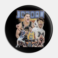 a black button with an image of two basketball players and the words jordan on it