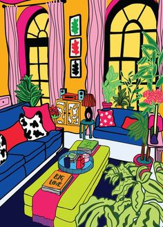 a brightly colored living room with couches, tables and potted plants in it