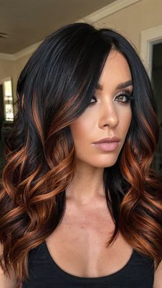 Copper Hair on Dark Hair Copper Highlights Red Blonde And Black Hair, Copper Highlights On Black Hair, Hair Copper Highlights, Blonde And Black Hair, Highlights On Black Hair, Cowboy Copper, Short Haircuts For Black Women, Framing Highlights, Natural Curly Hair Cuts