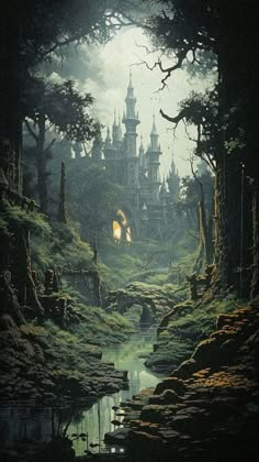 a painting of a castle in the middle of a forest