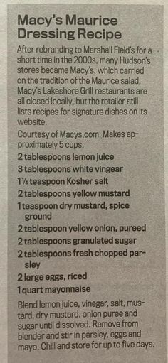 the recipe for mary's maurece dressing recipe is shown in an old newspaper