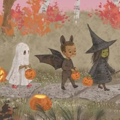 three children dressed up as witches and ghost walk through the woods with pumpkins in their hands