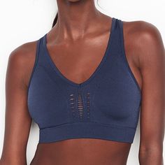 New With Tags Victorias Secret Long Line Seamless Sport Bra Navy Blue Blue Seamless Sports Bra, Blue Seamless Yoga Tops, Victoria's Secret Stretch Tops With Built-in Bra, Victoria's Secret Seamless Stretch Tops, Blue Stretch Bra For Loungewear, Blue Seamless Bra For Loungewear, Blue Seamless Stretch Bra, Front Zip Sports Bra, Strappy Sports Bras