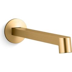 an image of a gold bathroom faucet on a white wall with the handle extended