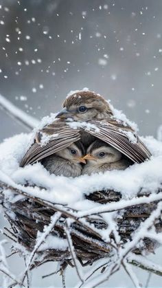 two birds are sitting in the snow covered nest with their beaks open and eyes closed