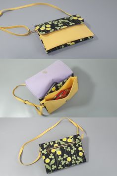 three different types of purses with yellow handles and flowers on the front, one in black