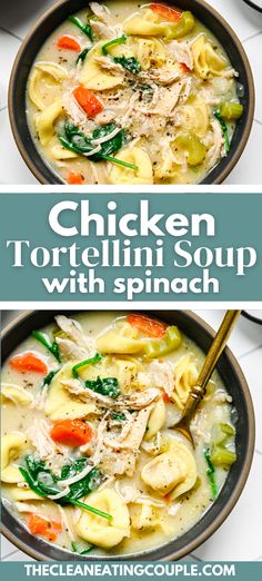 An Easy Chicken Tortellini Soup with Spinach anyone can make! This delicious chicken tortellini soup with spinach is healthy, hearty, cozy and so yummy! Turkey Tortellini Recipes, Low Calorie Tortellini Soup, Creamy Crockpot Tortellini Soup, Chicken Cheese Tortellini Soup, Rotisserie Chicken Tortellini Soup, Tortellini Spinach Crockpot, Soups With Spinach Recipes, Chicken Tortilini Soup, Soups With Spinach