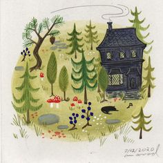 a drawing of a house in the woods with trees and mushrooms on it's lawn