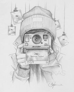 a pencil drawing of a person holding a camera and taking pictures with their cell phones