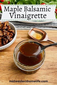 homemade maple balsamic vinaigrete in a jar with spoon