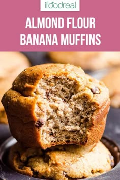 some banana muffins stacked on top of each other with the title above it