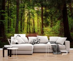 a couch sitting on top of a wooden floor in front of a forest wall mural