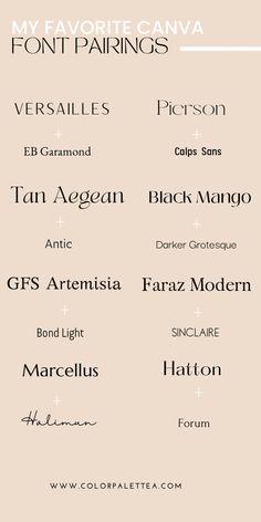 8 Font Pairing Canva Inpiration for your Brand design, website design, etc Canva Fonts Combinations Boho, Hatton Font Pairing, Branding Design Canva, Chic Font Pairings, Versailles Font Pairing, Font Pairs Canva, Canva Font Pairing Wedding, Canva Fonts Aesthetic Combination, Tan Mon Cheri Font Pairing