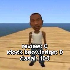 an animated man standing on top of a wooden pier next to the ocean with text reading review 0 stock knowledge 0 daasl 100