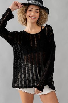 Introducing the Whispering Threads sheer distressed women's sweater! With its long sleeves and round neckline, this top offers a loose and comfortable fit. The see through lace adds a touch of delicate style, while the distressed details give it a unique edge. Perfect for those who love to make a statement with their fashion choices! Gorgeously soft with stretch. 100% Acrylic. Model is wearing a size small. She is 5'8". See size chart for sizing info. Sheer Long Sleeve Sweater For Fall, Long Sleeve Open Knit Top For Layering, Spring Crew Neck Sweater With Hollow Out Design, Sheer Long Sleeve Sweater For Spring, Long Sleeve Open Knit Mesh Top For Fall, Spring Hollow Out Crew Neck Sweater, Fall Long Sleeve Open Knit Mesh Top, Transparent Knit Sweater, Fall Open Knit Long Sleeve Mesh Top