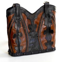 This Purse Sports A Beautiful Cognac Brown Color With Black Inlay Design. The Authentic Brazilian Leather Of Buttery Soft Cowboy Boots. The Purse Has Gunmetal Black Chain And Black Leather Handles Combination. Inside There Are Two Pockets And Has A Magnetic Clasp Closure. All Cowboy Boots Purses Are Handmade, All Each One Is One Of A Kind, Made From A Pair Of Cowboy Boots, All Have Pockets Inside, Some Are Lined And Some Have The Beautiful Original Lining. Boot Purse, Cowboy Boot Purse, Inlay Design, Black Cowboy Boots, Black Cowboy, Cute Nike Shoes, Cute Nikes, Diy Sewing Clothes, Cowboy Boot