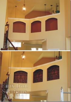 two pictures of the inside of a house with different windows and balconies on each side